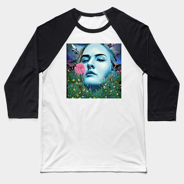 Digital portrait of young  Woman with  flowers and butterflies Baseball T-Shirt by bogfl